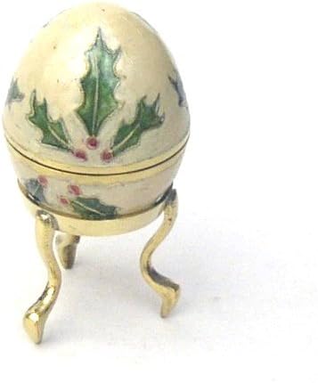 Egg Cream Enamel, Gift Set, Holly Leaves, On Brass Stand - Christmas Gifts for Women & Moms (BELL)