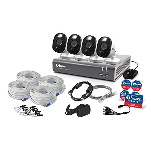 Swann-8-Channel-4-Camera-Security-System-Wired-Surveillance-1080p-HD-DVR-1TB-HDD-Audio-Capture-Weatherproof-Color-Night-Vision-Heat-Motion-Sensing-Warning-Light-Alexa-Google-SWDVK-845804WL