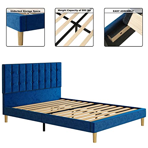 LIKIMIO Full Size Bed Frame with Headboard, Velvet Upholstered Platform