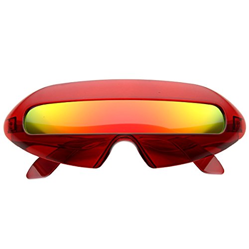 Retro Futuristic Cyclops Color Mirroed Lens Wrap Around Sunglasses (Crystal Red/Fire Mirror)