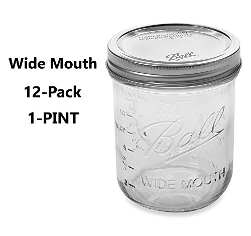 Click Here to See More Images 12-Pack Ball Wide Mouth 1-Pint Glass Canning Jars Perfect For Preserving Jams, Sauces, Salsas, Vegetables, Fruits & More.