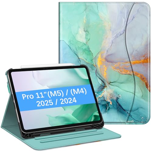 FINTIE Hoesje compatibel met iPad Pro 11 inch (2024) M4 - [Hoekbescherming] Hoes voor kijkstandaard met meerdere hoeken met zak en potloodhouder, automatische wekslaap, smaragd marmer