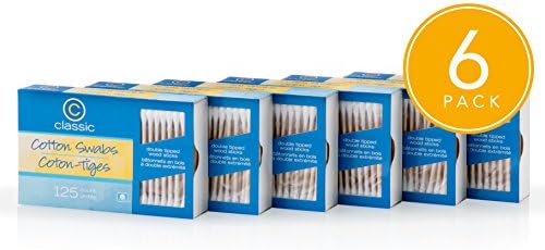Classic Cotton Swabs Double Tipped Wooden Sticks 125 Count Per Pack (Pack of 6 = 750 Count)