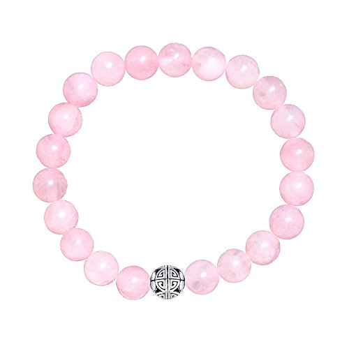 MetJakt Natural 8mm Gemstones Healing Crystal Stretch Beaded Bracelet Bangle 925 Silver Double Happiness Pendant (Rose Quartz) MetJakt Natural 8mm Gemstones Healing Crystal Stretch Beaded Bracelet Bangle 925 Silver Double Happiness Pendant (Rose Quartz)