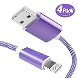 KidKer 4 Pack Lightning iPhone Charger Cables 3ft 3ft 6ft 10ft USB Charging Certified Nylon Braided Cord Short for iPhone 7 Plus 6S 6 5 5S 5C SE iPad Pro Air Mini 2 3 4 iPod Touch (Purple (4 Pack))