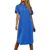 Dyexces Summer Dress for Women Crew Neck Short Sleeve Solid Basic T-Shirts Casual Midi Dresses with Pocket