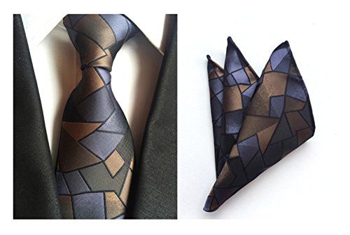 MENDENG Men's Brown Purple Geometric Print Silk Ties Wedding Tie Hanky 2 Pcs Set