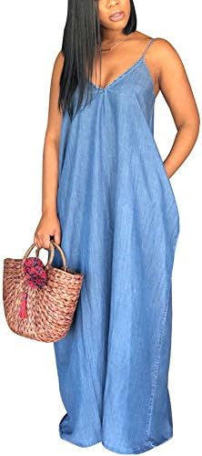 Engood Women Casual Spaghetti Strap Condole Belt Deep V Neck Loose Denim  Maxi Dress Blue S price in UAE | Amazon UAE | kanbkam