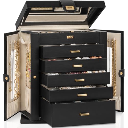 AKOZLIN Jewelry Box 6-Tier Organizer Functional 360° Rotating Jewelry Storage Case for Women Girls Ring Necklace Earring Bracelet Holder with Mirror