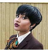 Rofa Human Short Pixie Cut Hair Wigs for Black Women with Bangs Natural Black Short Human Hair Gl...