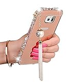 Gravydeals® Rose Gold 3D Sparkle Luxury Rhinestone Diamond Aluminum Metal Bumper Mirror 2 IN 1 Effect PC Back Cover with Lovely Pearl Tassels for Samsung Galaxy Note 3