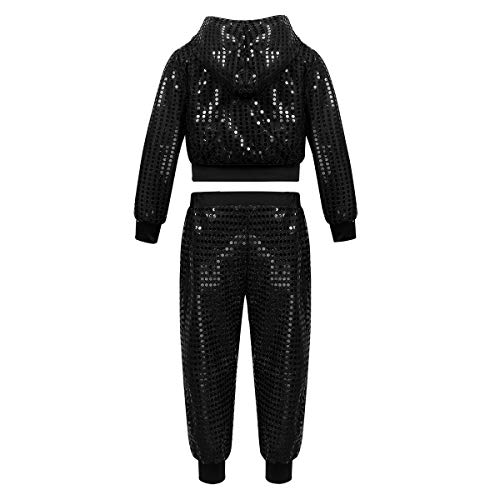 inhzoy Kids Boy's Girl's Sequins Long Sleeve Hooded Tops with Pants Set for Hip-hop Jazz Performance Costume Street Dance Black 10-12