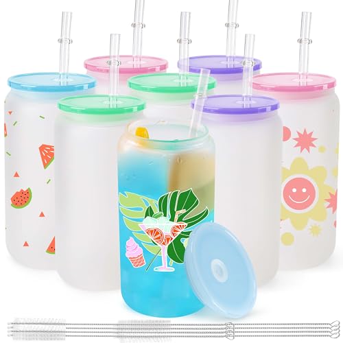 Joyclub 8 Pack Frosted Sublimation Glass Cups Blanks 16 OZ Borosilicate Can Glass Tumblers with Acrylic Lids for Beer, Juice, Soda, Iced Coffee