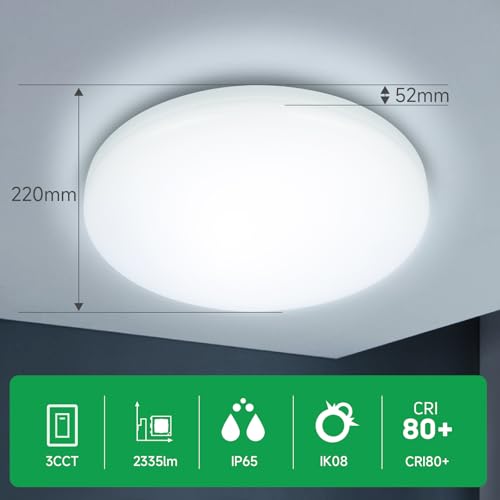 WARMELLE LED Ceiling Light, Ceiling Lamp 3 Temperatures 3000K/4000K/6500K, 17W 2335LM, IP65 Waterproof, Change with Wall Switch, No Flicker CRI>80, for Bathroom, Kitchen, Hallway, Garage, Ø22cm