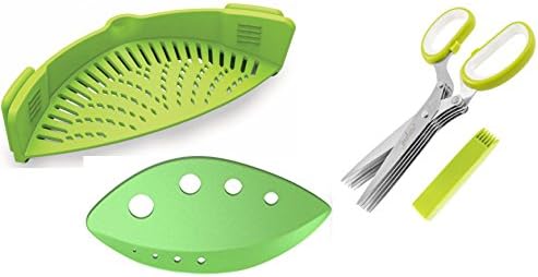 Clip on Strainer, Herb Stripper, &amp; Herb Scissors with Holster Cleaner by Friendly Cooking Green Pots Pan Cookware Kitchen Tools Space Saver Colander