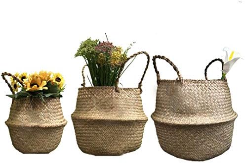 3 Size / 2 Set Natural Seagrass Belly Baskets with Handle, Foldable storage basket braided, laundry basket nursery, Plant pot, Multi-function basket for bath, bathroom, toys etc