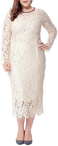 MAOVII Women's Lace Maxi Evening Dress Plunge V Neck Stretchy 3/4 Sleeve Plus Size Prom Dresses (6XL, APRICOT)