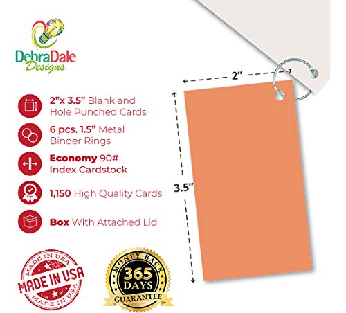 DEBRADALE DESIGNS Blank Flash Cards with Metal Rings in 6 Colors; 1,150 Index Cards - Single Hole Punched, 2 x 3.5 inches for Learning, Note Taking, Memory Drills, Site Cards (Multi-Color Punched)