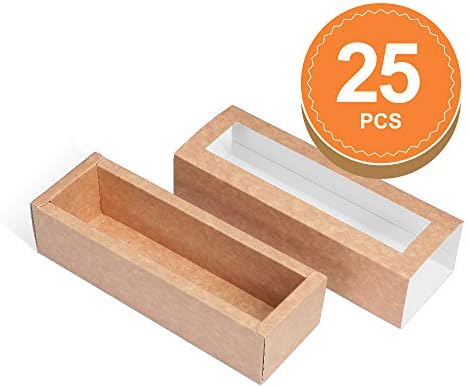 BAKIPACK Macaron Boxes for 6 Macarons (Pack of 25) Kraft Macaron Boxes with Interior Meament 7.25" x 1.8" x 1.75" Macarons Box with Clear Window (without Macaron inside)