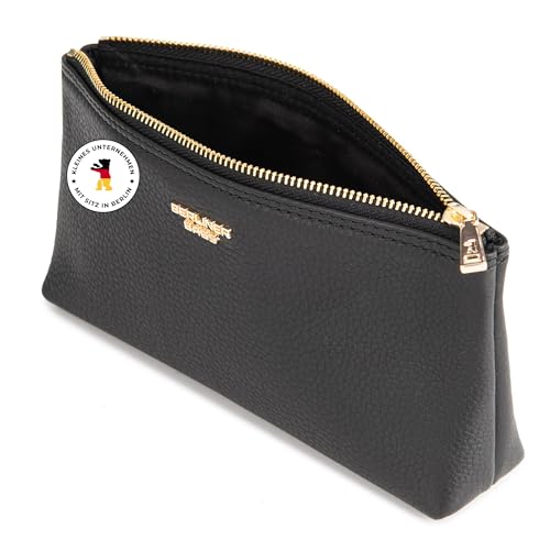 Berliner Bags Premium Kosmetiktasche Anna aus Leder, Kleines Mäppchen für Damen (Schwarz/Gold)