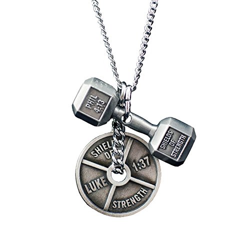 Women's Antique Finish Combo Necklace-Phil 4:13 Dumbbell/Luke 1:37 Weight Plate