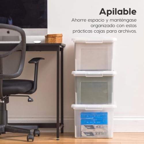 IRIS USA Caja de Transporte de Archivos Tamaño Carta/Legal, Paquete de 4, Caja de Almacenamiento Libre de BPA con Tapa de Seguridad y Cierre Duradero, Archivero Apilable Encajable, Negro/Transparente