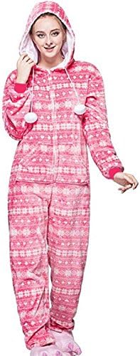 Yodgal Women Teen Girls Onesies Fleece Hoodie Snowflake One Piece Pajamas Pink XS