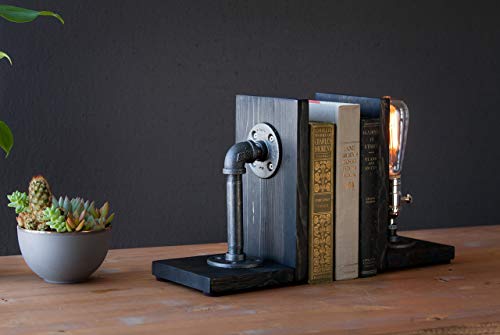 Industrial Steampunk bookend table pipe lamp with Classic Edison bulb and oak wood base