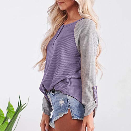 Meikosks Women Long Sleeve Blouses Splice Button Knit Pullover Long Sleeve Cowl Neck Tops T Shirt Purple - Thumbnail 2