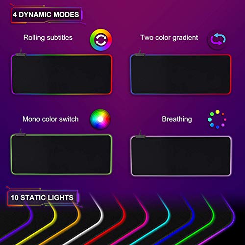 RGB Mouse Pad Large Extended Gaming Mat Soft LED Mouse Pads XL with 14 Lighting Modes 2 Brightness, Anti-Slip Rubber Base Computer Keyboard Waterproof Big Mousepad for Laptop Gamer, 31.5×11.8 inches