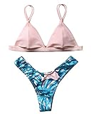 LEESMILE Women Brazilian Top Thong Cheeky Bottom Spaghetti Strap Swimsuit Bikini Set(L(US Size 6-8),Pink)