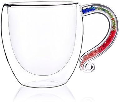 Coffee Mug with Crystal-Filled Handle，IKET Insulated Double-Wall Glass Tea Espresso Cup-Unique Birthday Gift(1,Colorful)
