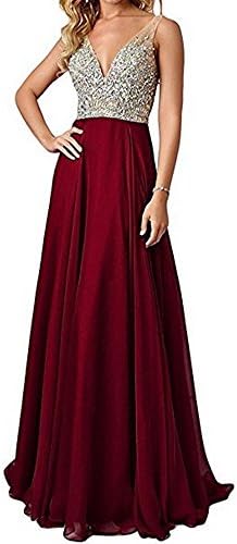 QSYE Women's Beaded Prom Dreeses Long V-Neck Chiffon Evening Gowns 2017 Burgundy,12
