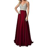 Meilishuo Women's Jewelry Deep V-neck Beaded Chiffon Prom Dress Long Evening Gown for Party