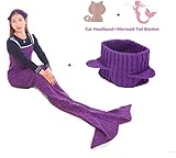 iBose Adult Mermaid Tail Blanket Cat Headband Throw Little Girl Toddle Long Extra Size Fin Fun Fishtail Sleeping Bag Soft Warm Snuggie Weighted Receiving Knitted Cover Living Room Car Camp Toy