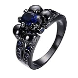 JAJAFOOK Womens Blue Sapphire Six Claws Four Skull Black Gold Wedding Rings Size 5-10