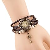 Hosaire Watch Bracelet Vintage Multilayer Weave Wrap Around Leather Chain Bracelet Quartz Wrist Watch with Key Pendant for Women Men Brown