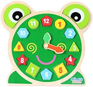 Shape and Color frog Clock Recognition Geometric Clock Board Block for Educational Toy; Wooden Time Learning Puzzle Shape Sorters for 3+years Boys and Girl