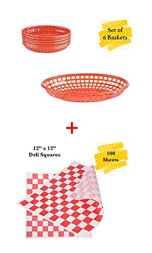 MM Foodservice Combo Fast Food Baskets and Grease Resistant Deli Paper. Set of 6 Oval Plastic Fast Food Baskets + Set of 100 Sheets 12â€x12â€ Deli Paper (Red)