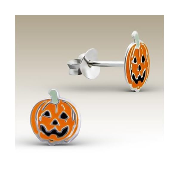 Small Jack O Lantern Earrings Halloween Pumpkin Silver Earrings (E4432)