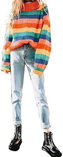 Cimeiee Womens Long Sleeve Striped Rainbow Striped Top Turtleneck Knitted Sweater Jumper Shirt
