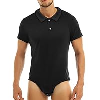 dPois Mens Short Sleeve One Piece Slim Fit Turn-Down Collar Press Button Crotch Shirt Leotard Bodysuit Black #1 Medium