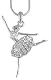 Clear Crystal Embellished Jumping Ballerina Ballet Charm Silver Tone Necklace for Girls, Teens, Women