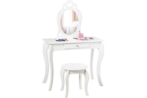 GENERIC Fireflowery Kids Vanity Set, 2 in 1 Detachable Princess Makeup Table w/Stool, Princess Makeup Play Set with Oval Mirror & Large Drawer, Pretend Beauty Vanity Set for Girls (White)