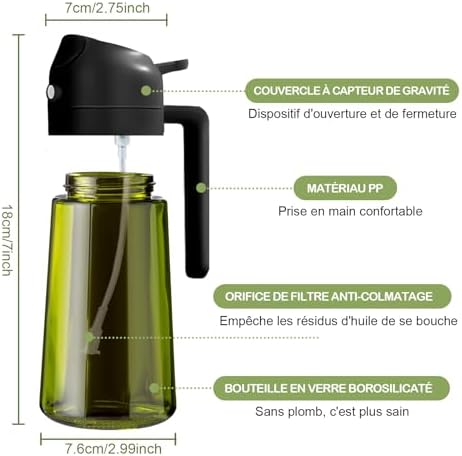 470 ml pulvérisateur d'huile foncé anti-lumière de cuisson 2 en 1 flacon de qualité alimentaire Bouteille en verre vert de pour la cuisine (noir)
