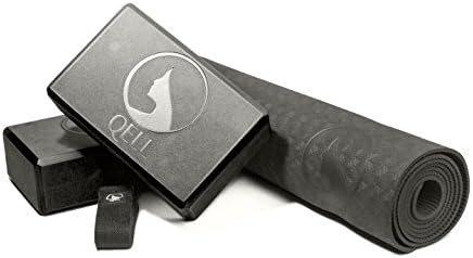 QELL Yoga Starter Kit - Durable Yoga Mat With Carry Strap, 2 Eco-Friendly Balance Blocks And Extension Strap – Set Of A Nonslip, Comfortable Exercise Mat And Workout Gear For Men And Women - Onyx
