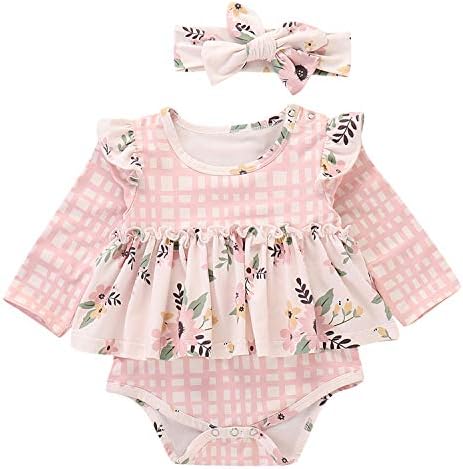 AmoLaife Baby Girl Cotton Floral Print Ruffles Bodysuit Romper Long Sleeve Clothes with Headband