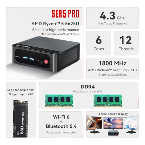 Beelink Mini PC Multifunctional SER5 Pro, Ryzen 5 5625U (up to 4.3GHz), 16GB RAM DDR4 SSD 500GB, Mini Computer for Light Gaming, Support Three Displays 4K (HDMI+DP+Type-C), 2.5G LAN