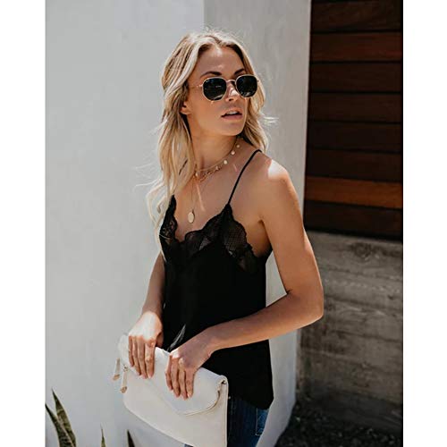 MIBOW Women's Cami Tank Top V Neck Strappy Lace Trim Spaghetti Strap Halter Vests Shirt Camisole Tank Top,Black (Medium, Black)