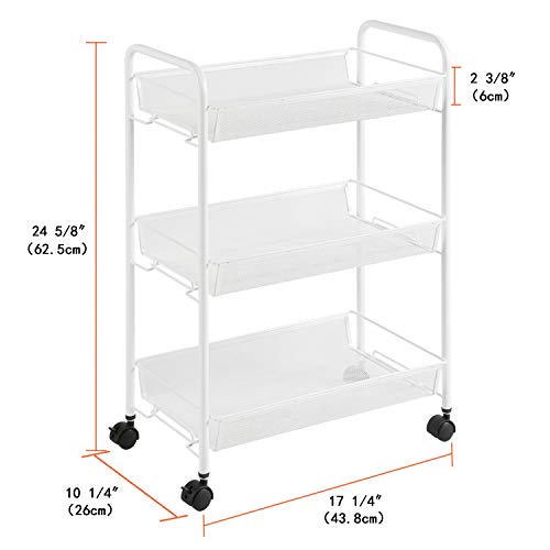 DESIGNA Rolling Household Trolley Cart, 3 Tier Slim Mesh Wire Utility Carts with Easy Moving Wheels, Steel Wire Shelves Storage Cart for Home Kitchen Bathroom Multi-Function, White
